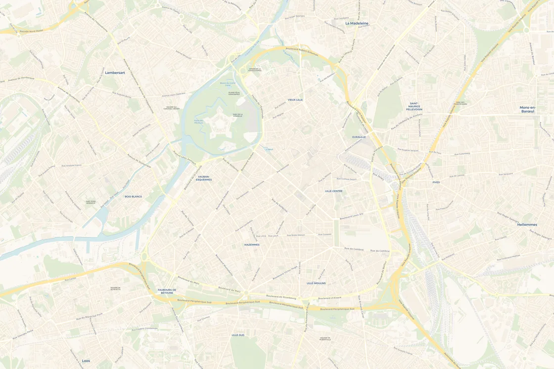 Plan de Lille, du centre aux quartiers périphériques